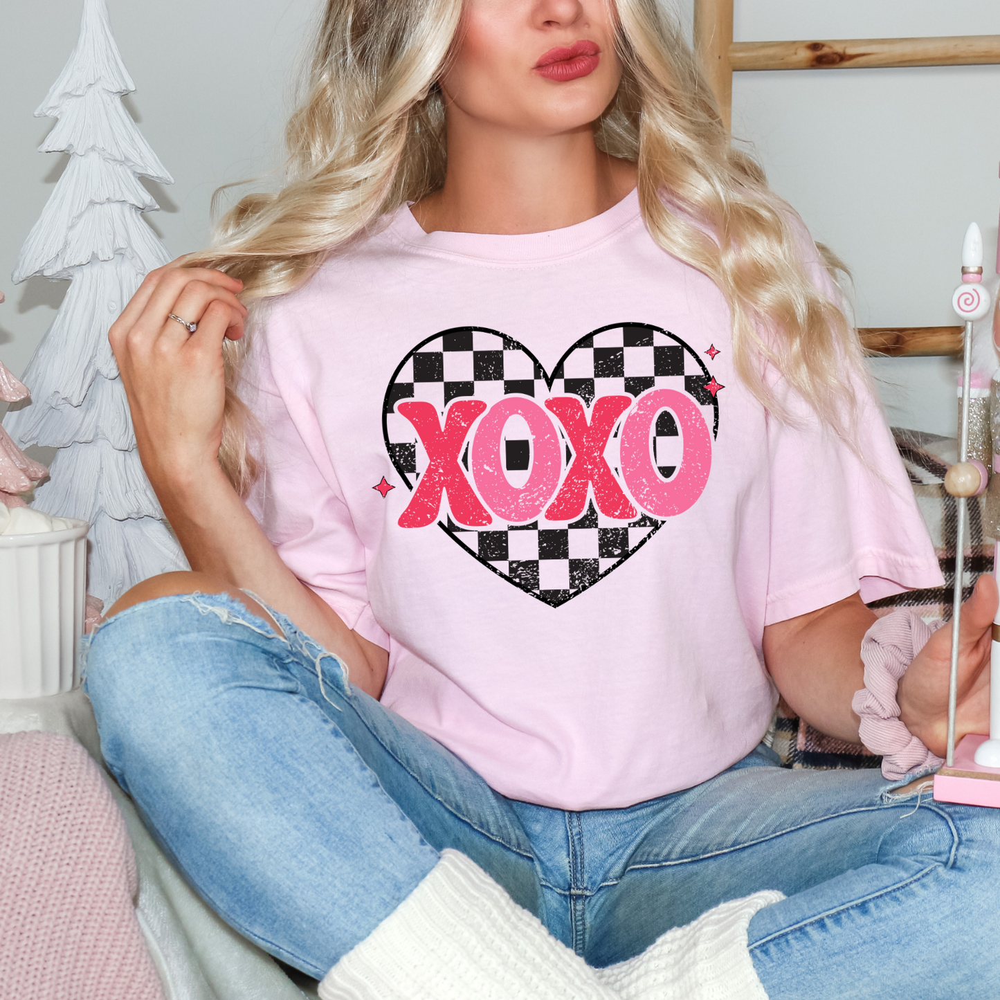 Pink XOXO Checkered Heart Valentine CC