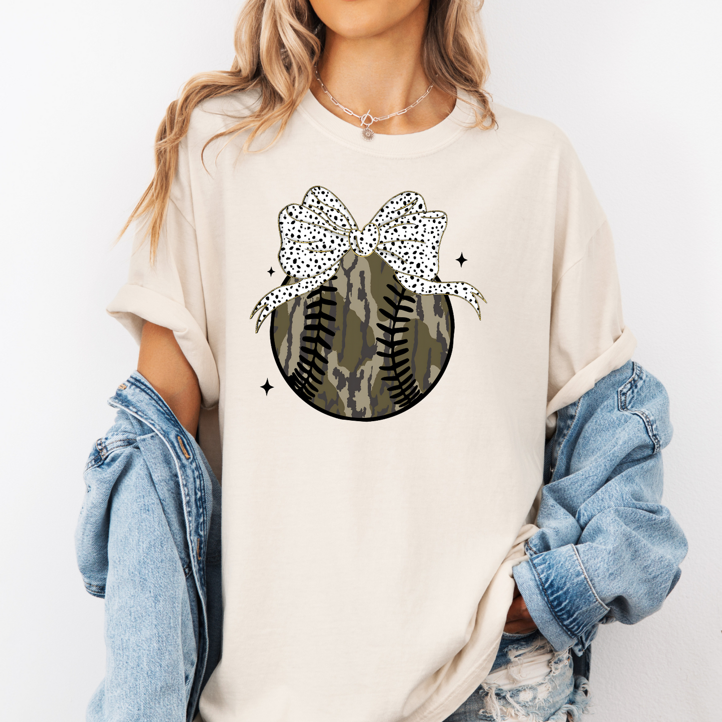 Baseball Camo Bow on Ivory CC Tee