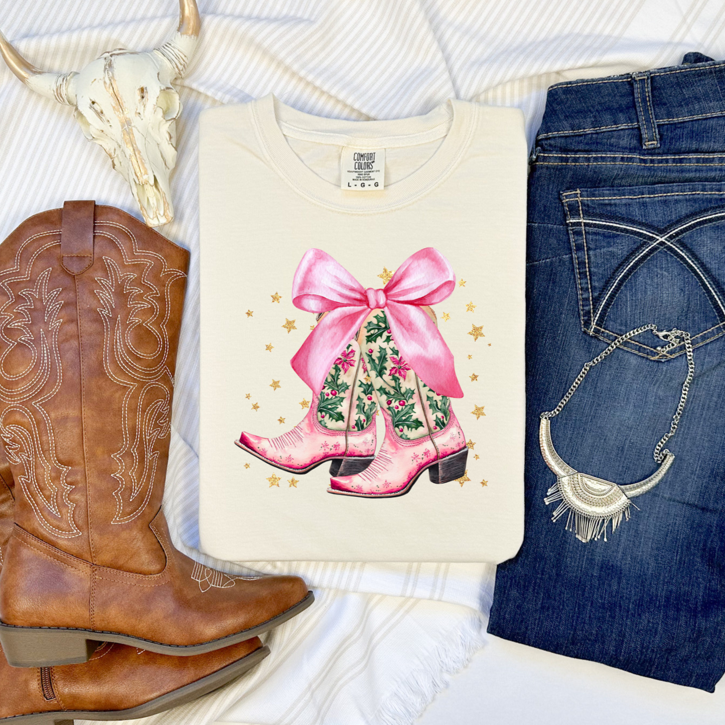 Christmas Cowgirl Boots Bow Tee