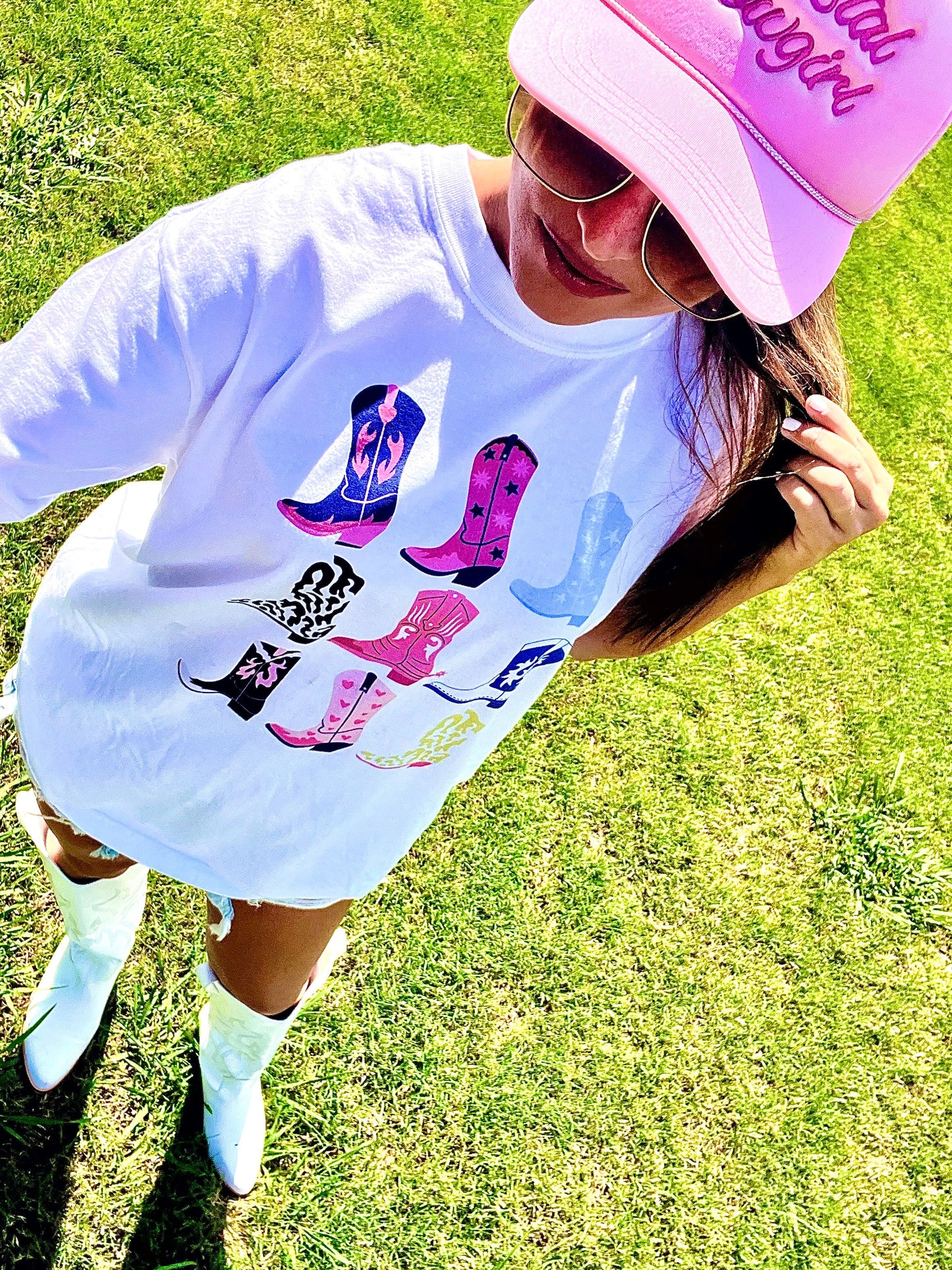 Cowgirl Boots Stacked White Comfort Colors Tee