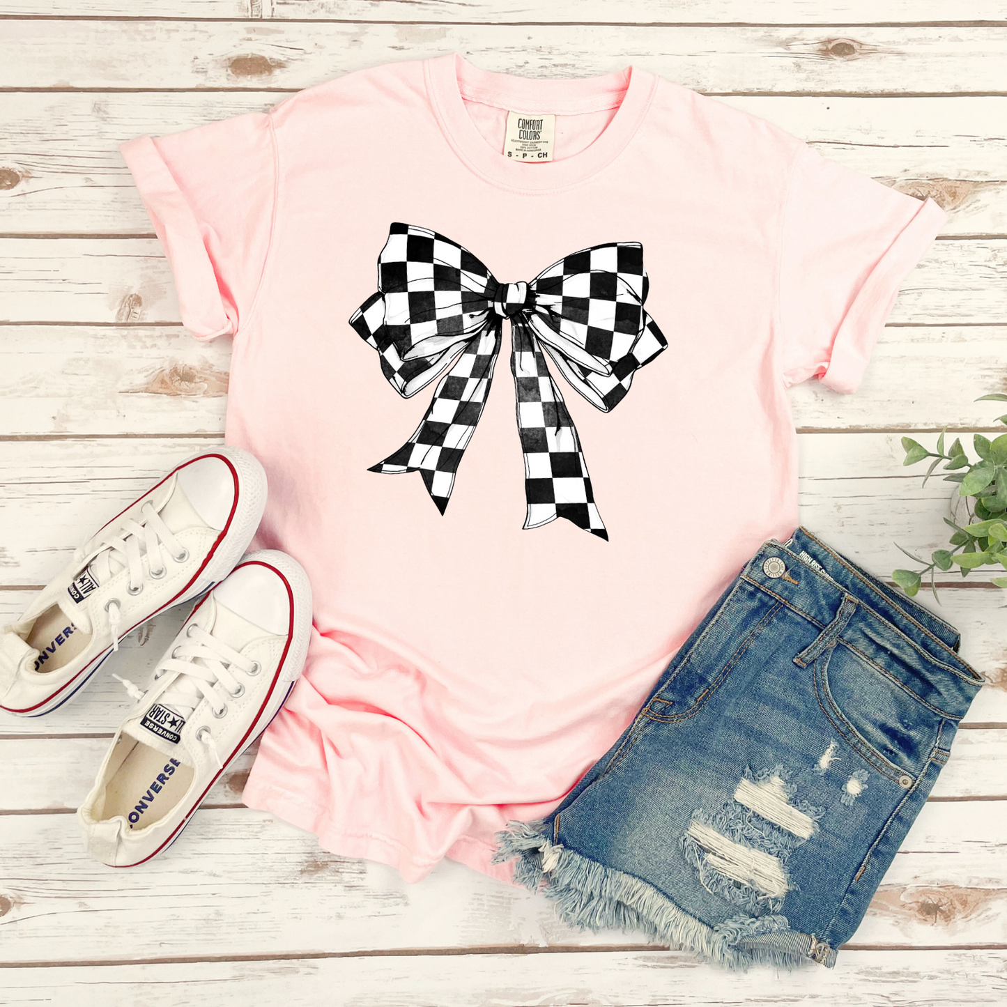 Checkered Bow on Pink CC Tee