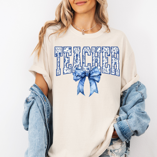 Teacher Blue Floral Bow CC Tee