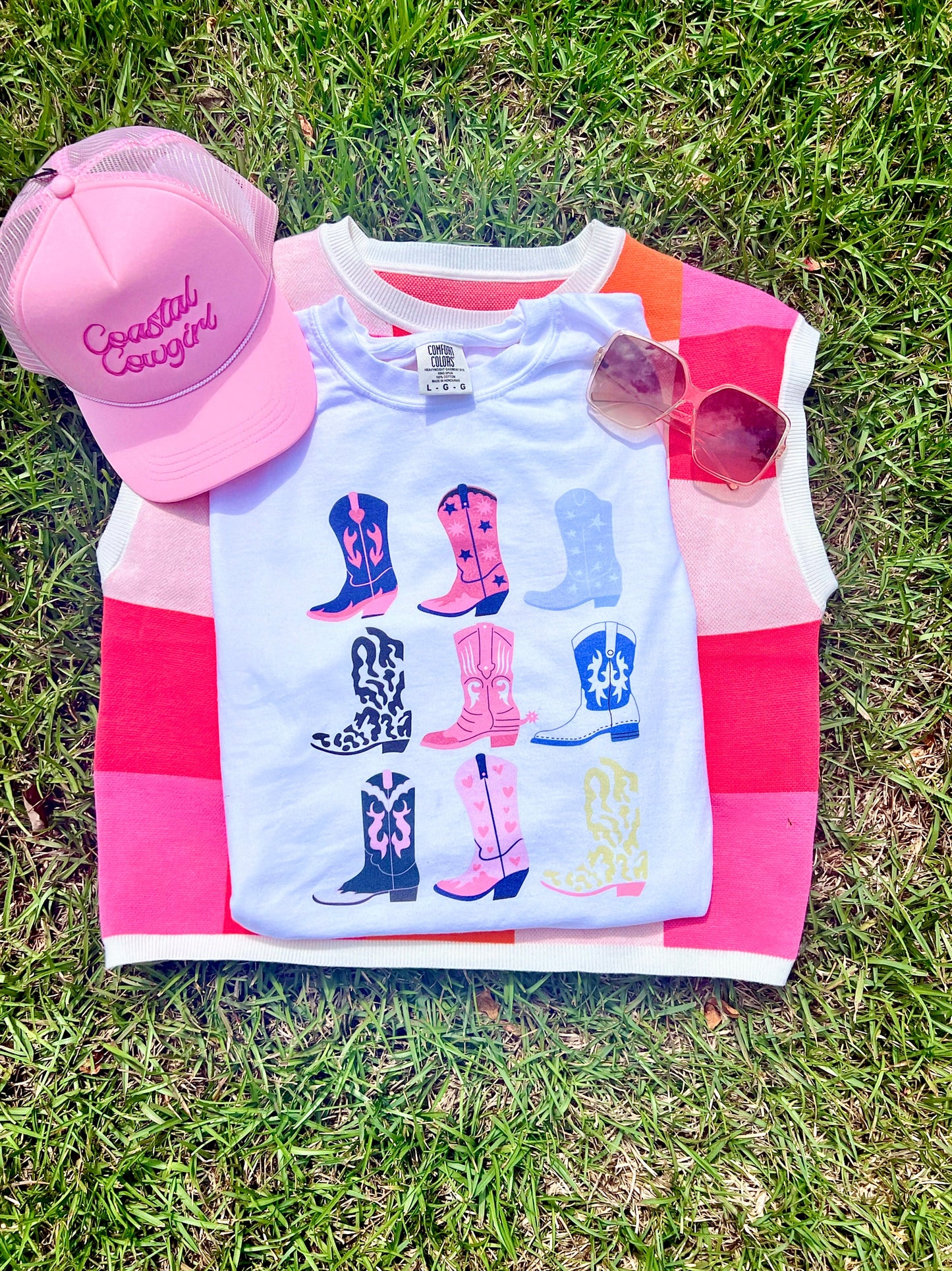 Cowgirl Boots Stacked White Comfort Colors Tee