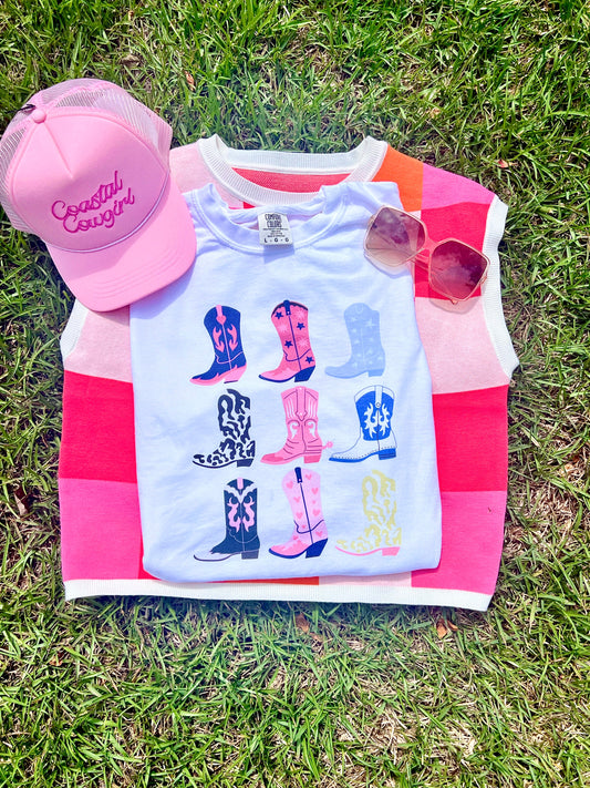 Cowgirl Boots Stacked White Comfort Colors Tee
