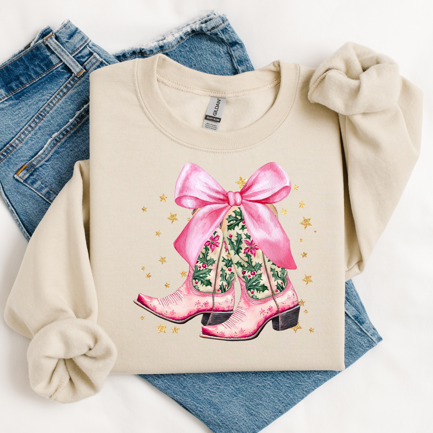 Christmas Cowgirl Boots Tan Sweatshirt