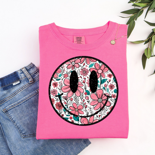 Floral Smiley on Watermelon Tee