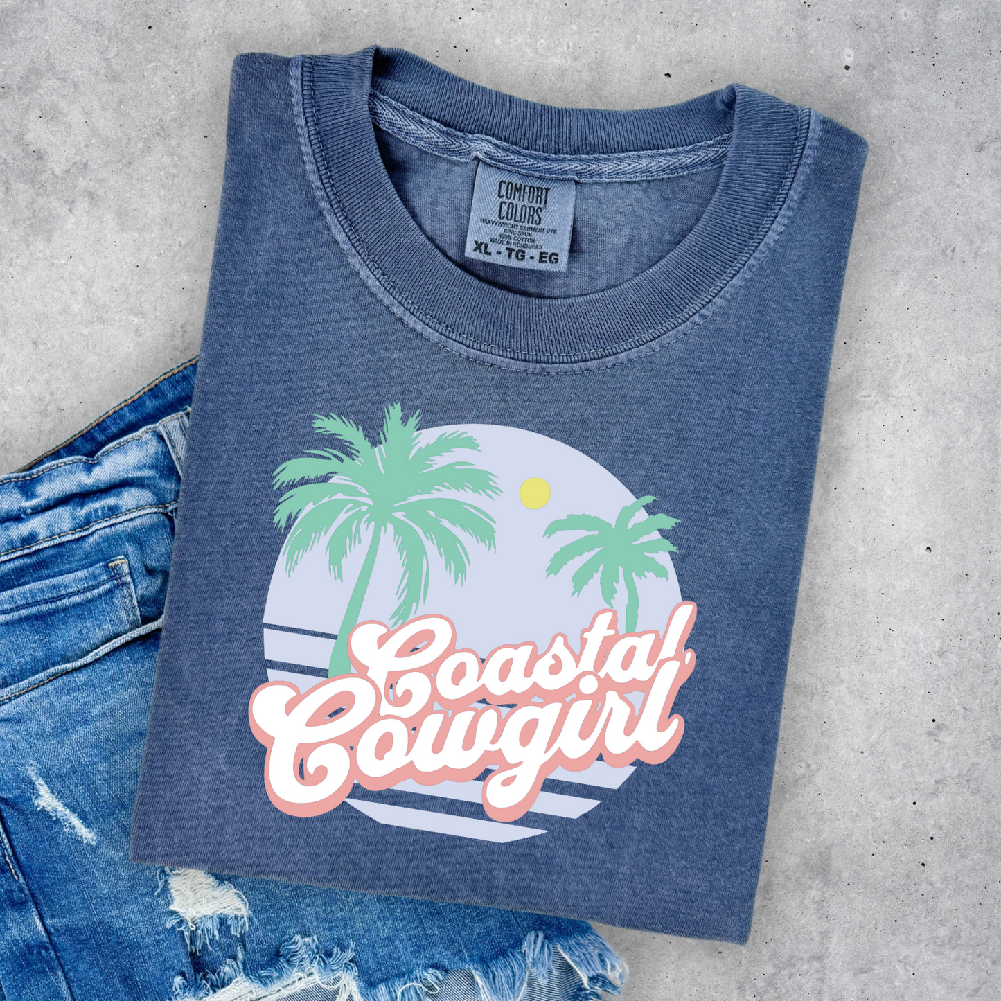 Coastal Cowgirl Palm Trees Blue Denim Tee