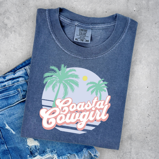 Coastal Cowgirl Palm Trees Blue Denim Tee