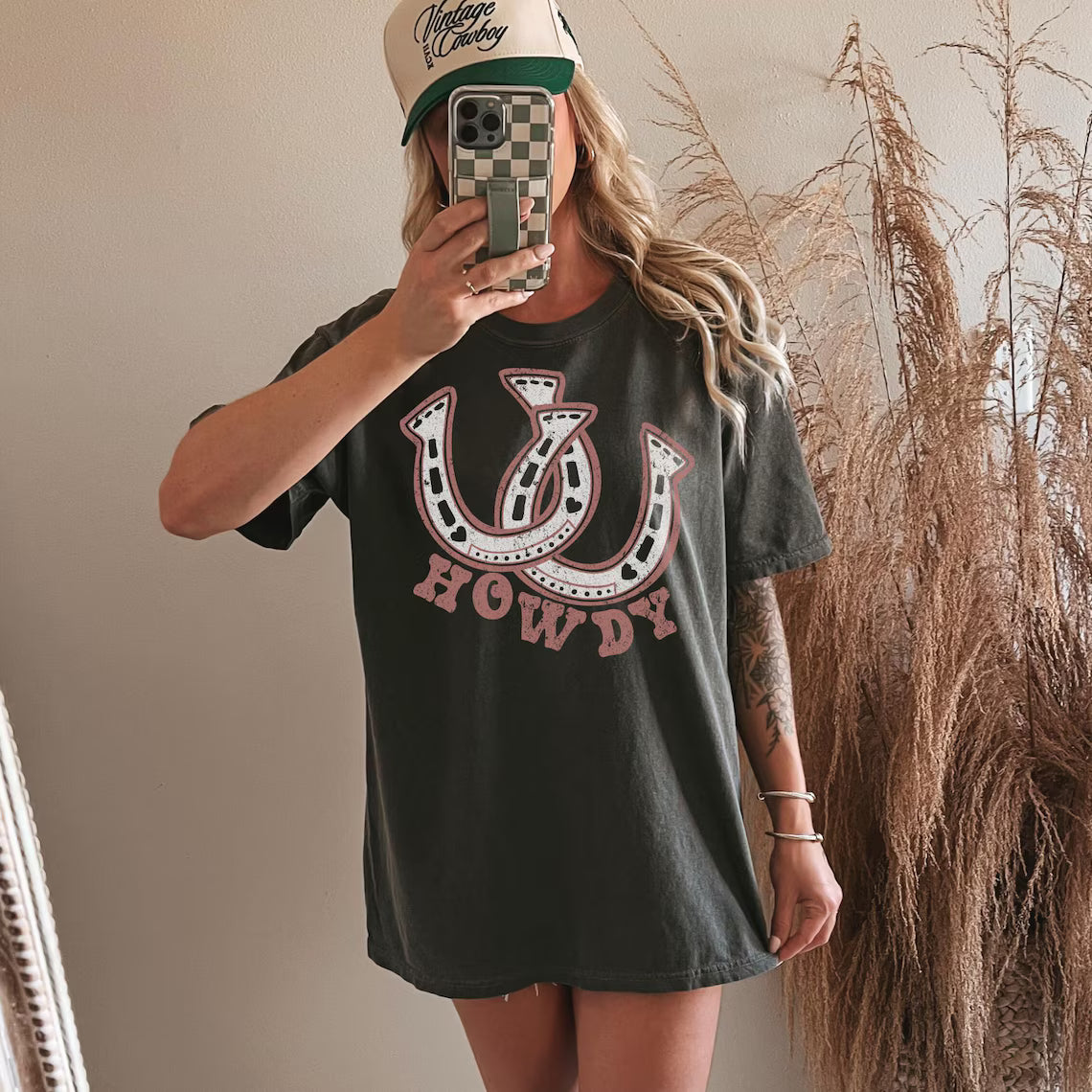 Howdy Pink Horseshoes Charcoal CC Tshirt