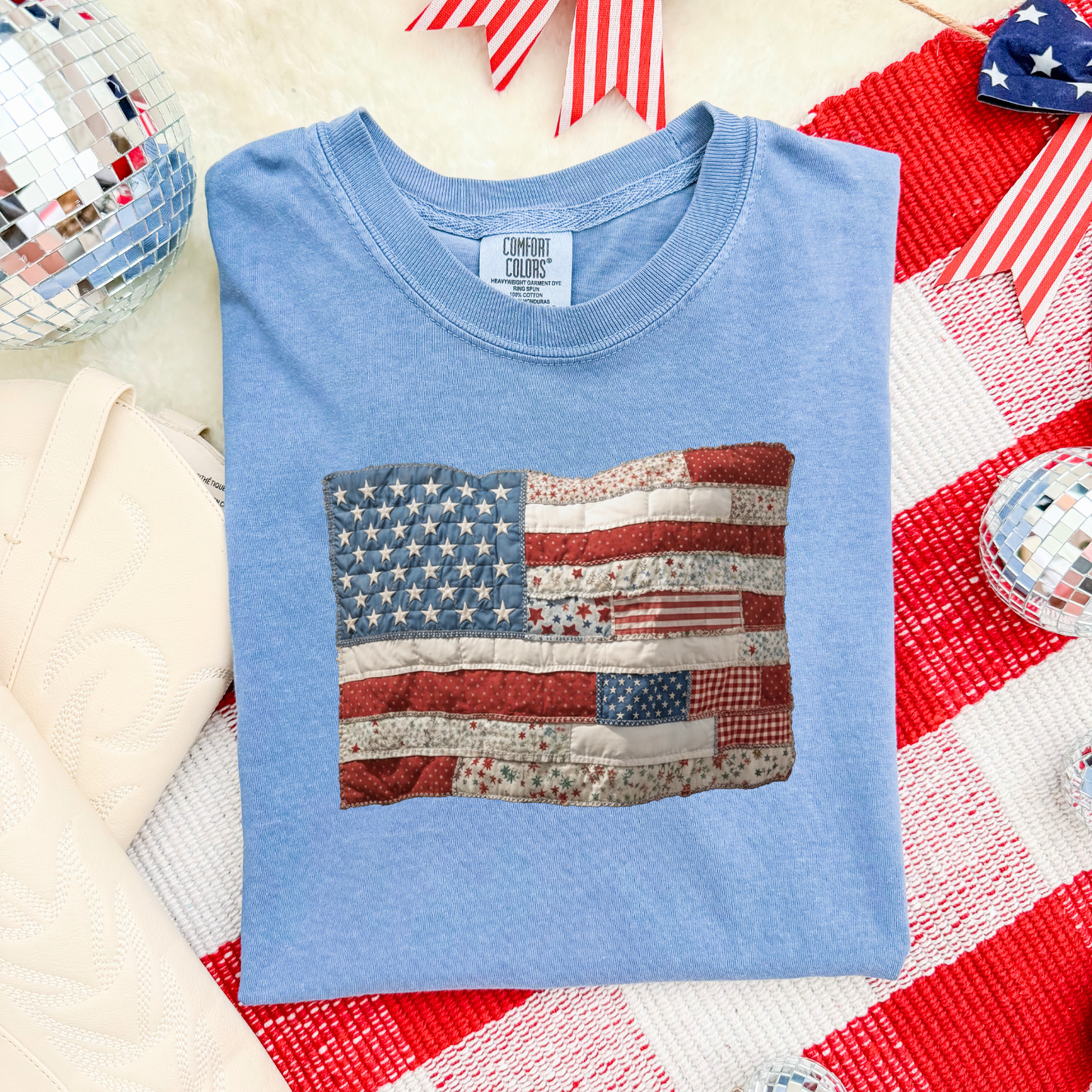 American Flag Patchwork Print washed denim Tee