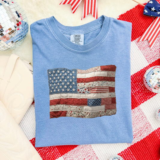 American Flag Patchwork Print washed denim Tee
