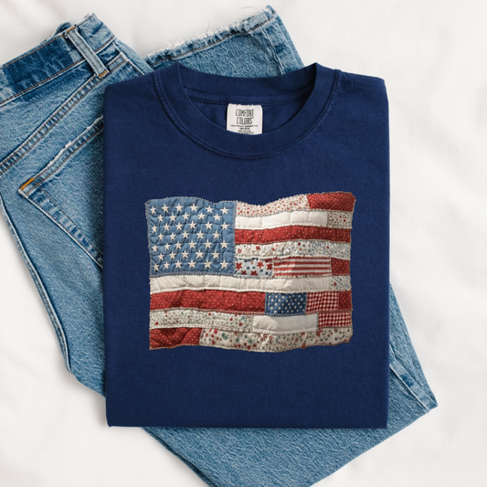 American Flag Patchwork Print navy Tee