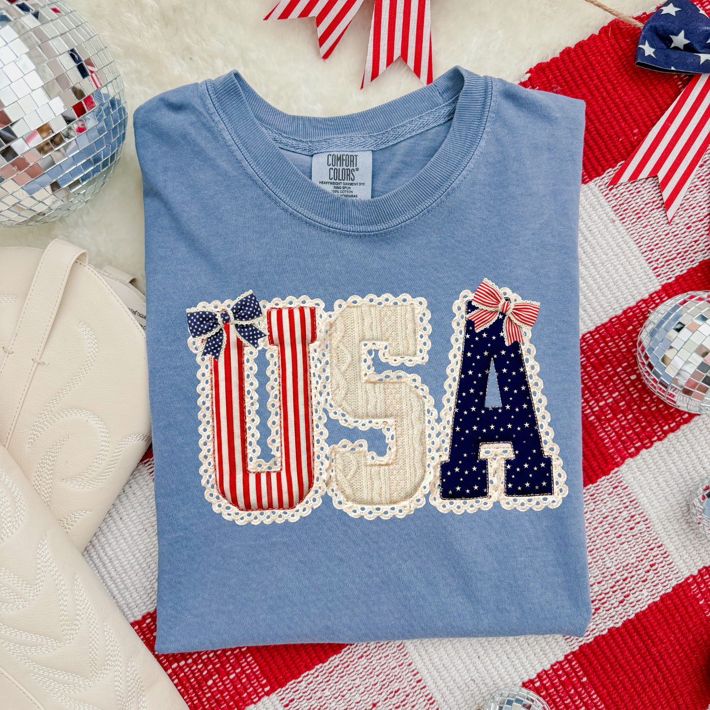 USA Lace Print Washed Denim Tee