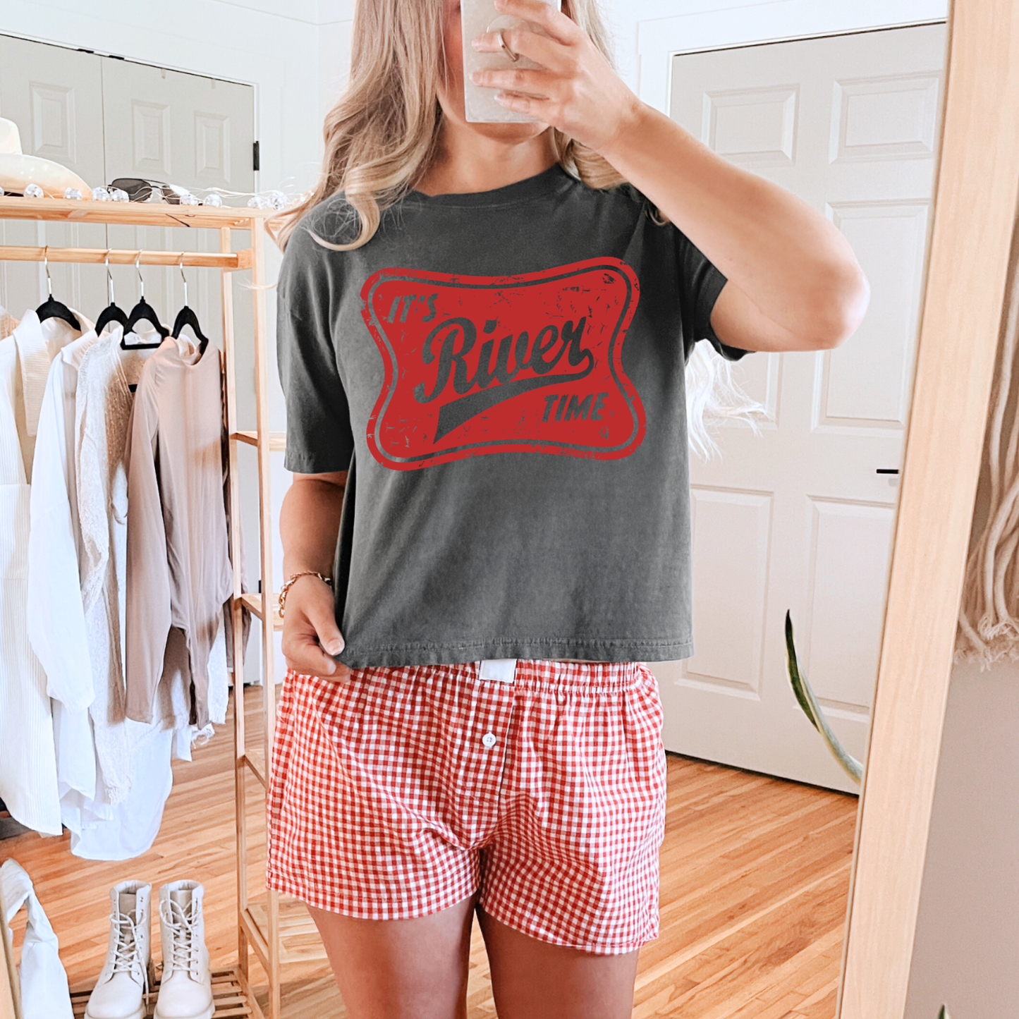 River Time Red on Boxy Cropped Tee