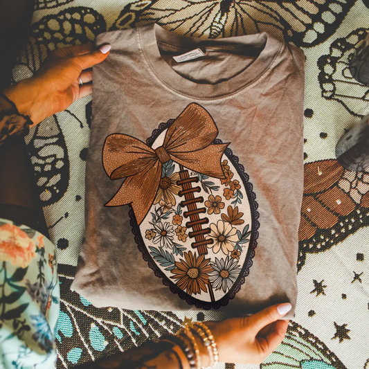 Football Floral Bow Brown Tshirt
