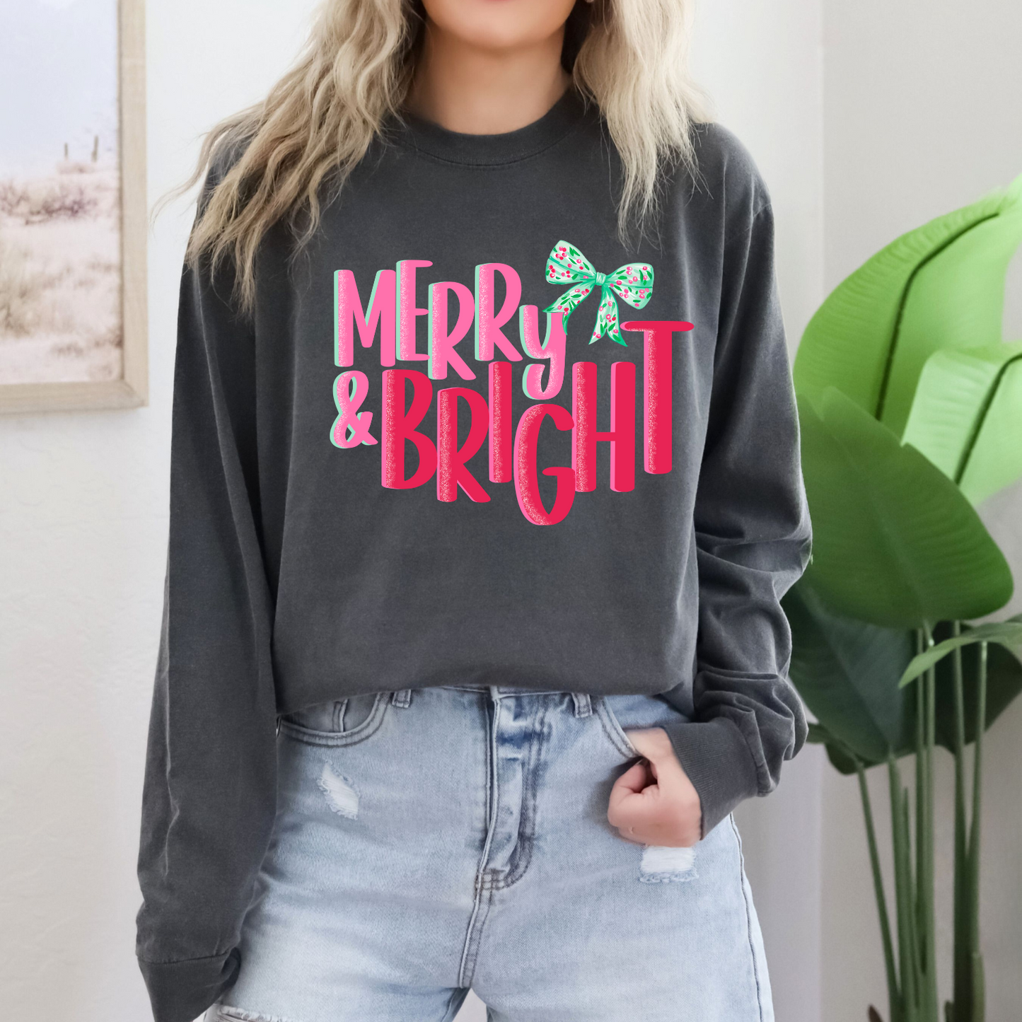 Merry and Bright Green Bow Long Sleeve CC Tshirt